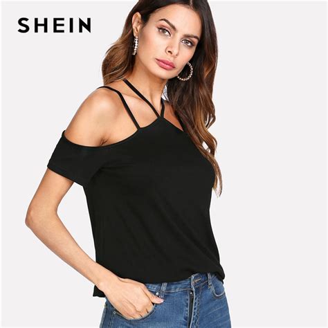 Shein Sexy Black Strappy Cold Shoulder Slim T Shirt Women