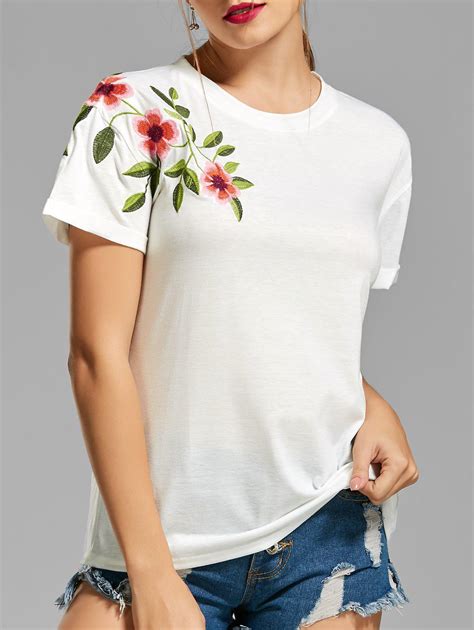 [84 off] flower embroidered t shirt rosegal