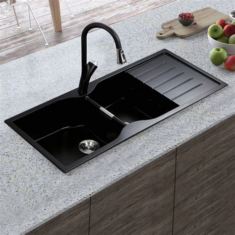 drop  matte black kitchen sink  drainboard double bowl quartz