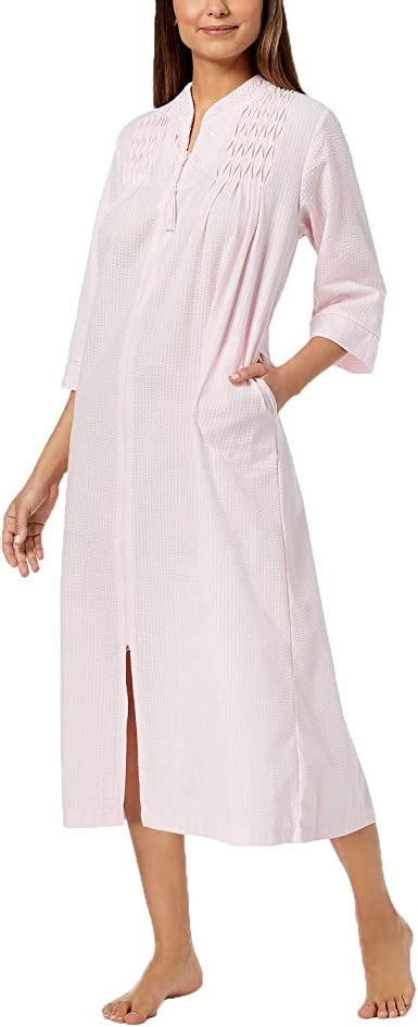 miss elaine women s embroidered seersucker zip long robe pink medium