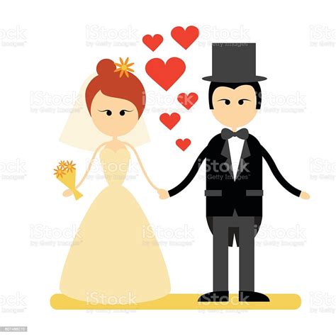 cartoon marriage couple fiance and bride wear wedding dress holding