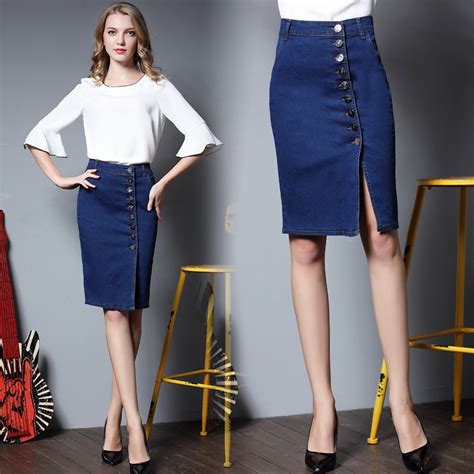 fashion denim skirt vintage button high waist pencil blue slim women