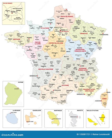 administratieve kaart van de  gebieden van frankrijk en gebieden overzee vector illustratie