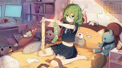 feet anime girls anime socks indoors room toys green hair