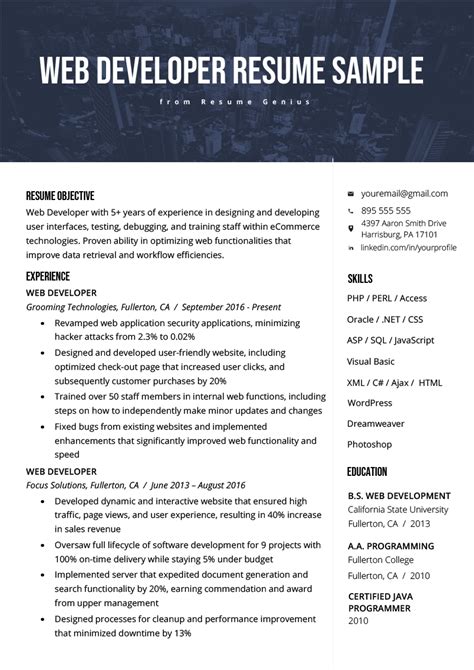 web developer resume sample writing tips resume genius