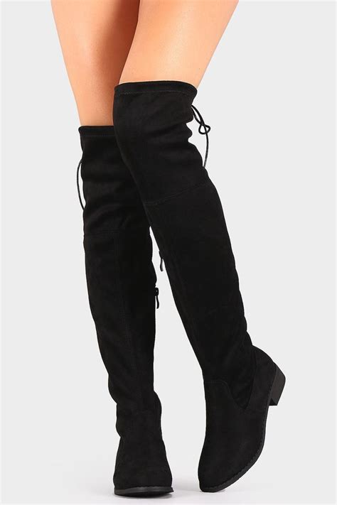 drawstring tie riding suede over the knee boots mom fashion chaussure bottes noires bottines