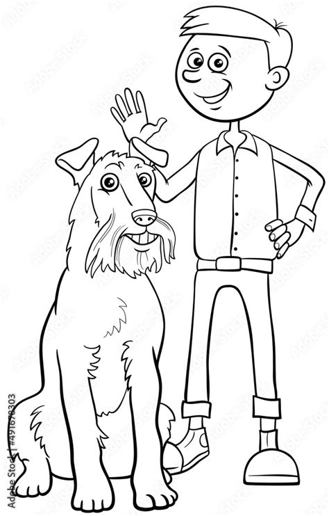 cartoon boy character  dog coloring book page stock vektorgrafik