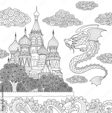 dragon flying  beautiful castle  adult coloring book page stock