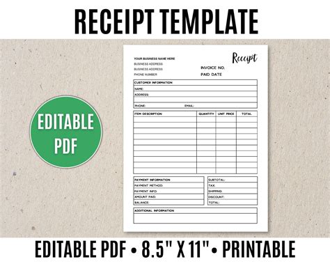 receipt template editable printable order receipt editable etsy