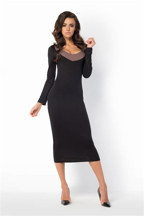 ladies evening party bodycon long sleeve scoop neck fitted midi dress