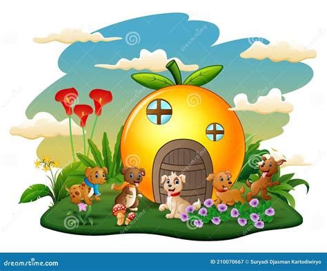 oranje huis met vijf konijnen tekenfilm op witte achtergrond vector illustratie illustration