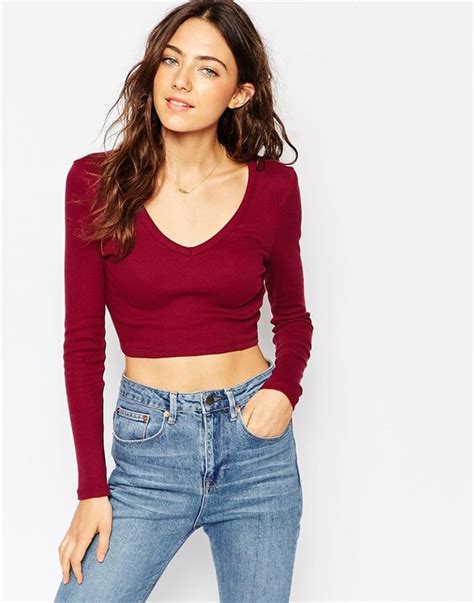 Cheap Women Cropped Top Long Sleeve V Neck Fitted Casual T Shirt