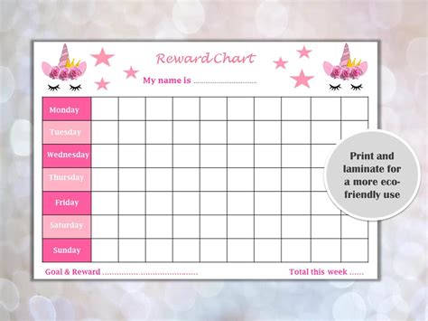 printable unicorn reward chart printable