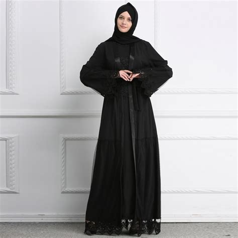 2019 black muslim abaya dubai kaftan lace mesh cardigan hijab dress