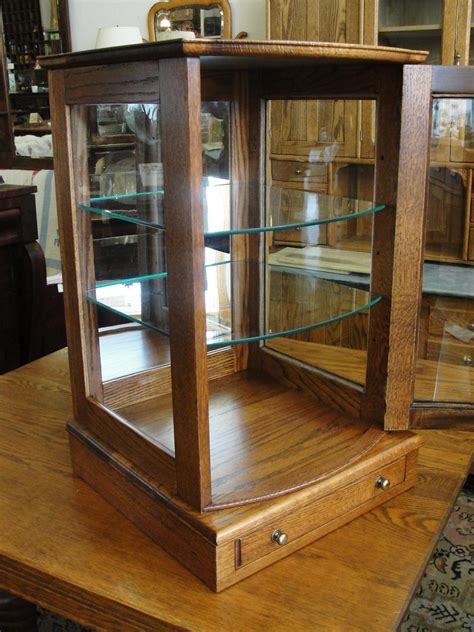 Small Oak Table Top Display Case With Curved Glass Door
