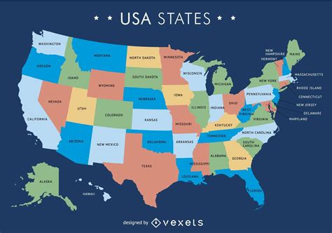 estados unidos  mapa de colores  nombres de estados imagen vectorial
