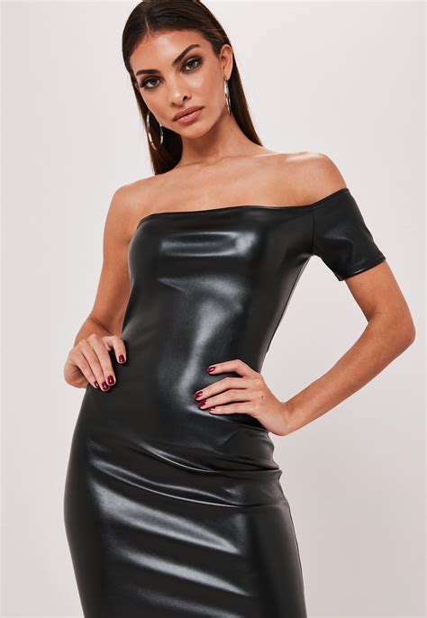 black faux leather one shoulder midaxi dress missguided