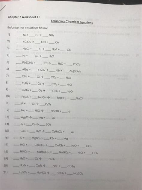 balancing worksheets  answer key chemical equation equations