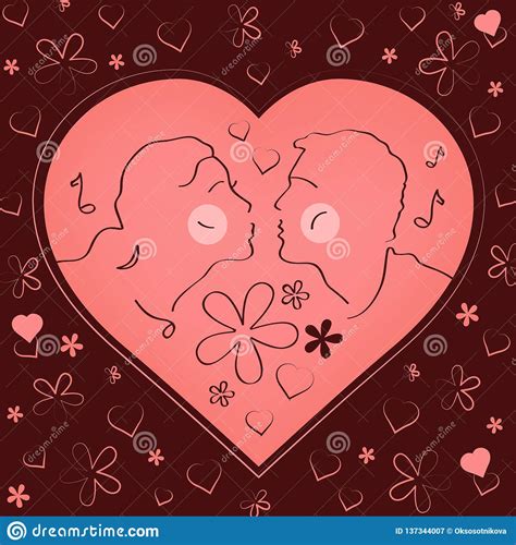 happy valentine`s day greeting card couple faces in heart silhouette