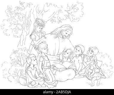 jesus reading  bible  children christian cartoon illustration