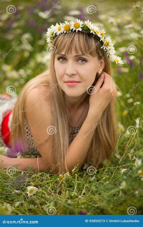 Beautiful Woman Enjoying Daisy Field Nice Female Lying Down In Meadow