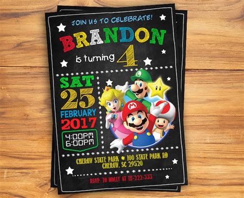 Super Mario Birthday Invitation Chalkboard Super Mario Custom