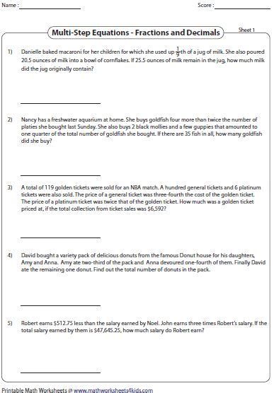 multi step equation word problems fractions  decimals word