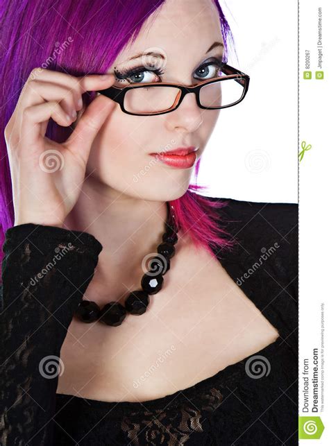 attractive purple haired girl in glasses stock image