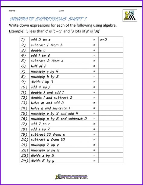 sixth grade algebra worksheets grade  worksheet resume examples