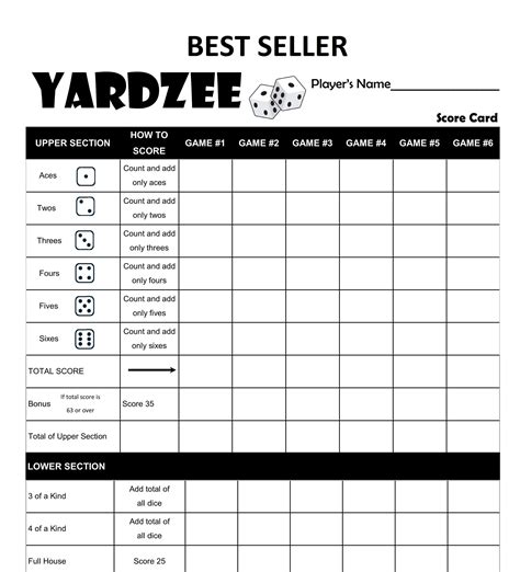 yardzee score card printable