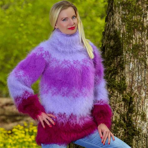 Hand Knitted Fuzzy Purple Mohair Sweater With Icelandic Pattern