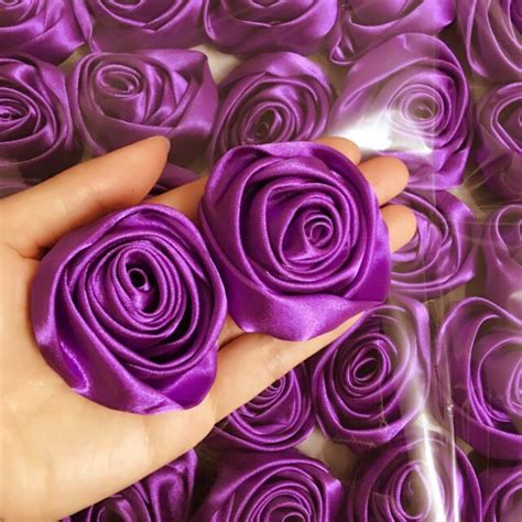 12pc purple 2 satin ribbon rose flower diy wedding bridal bouquet 50mm