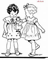 Vintage Coloring Embroidery Girls Little Broderie Redwork Pages Patterns Girl Two Clipart Filles Pattern Children Fillette Baby 1936 Illustration Fillettes sketch template