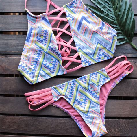 Venice High Neck Crop Bikini In Aztec Print Strappy Swimwear Triangl