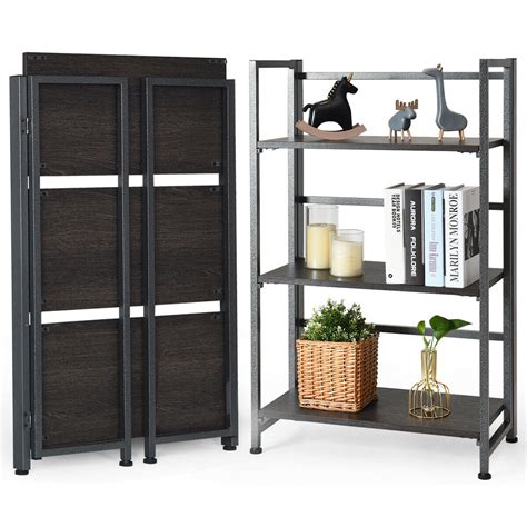 costway  tier folding bookshelf foldable metal storage shelf portable display rack grey