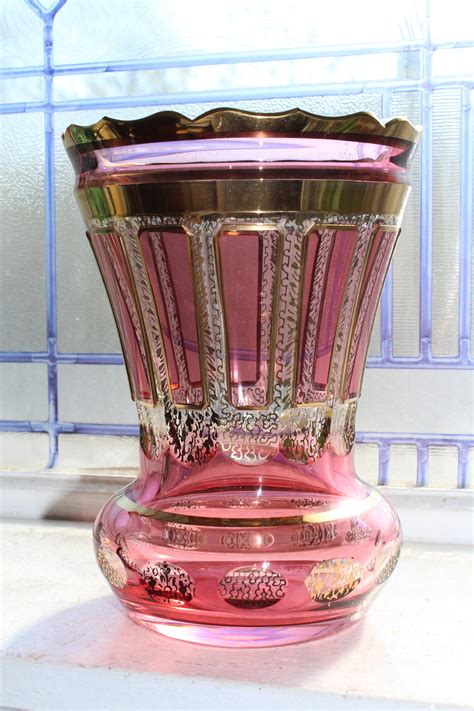 Moser Glass Vase Cranberry Red And Gold Antique 1900s