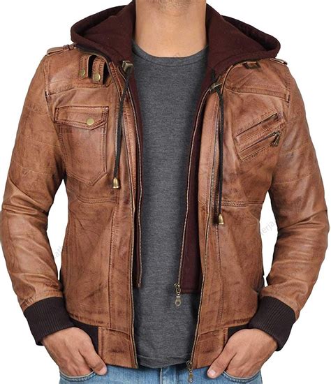 mens brown bomber leather jacket  hood  leather jackets