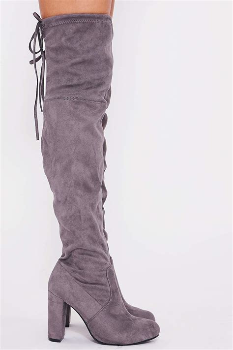 grey faux suede over the knee heeled boots in the style