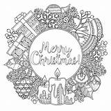 Christmas Coloring Wreath Pages Merry Adult Adults Doodle Text Frame Round Candles Colouring Bells Color Symbols Reef Style Middle Doodl sketch template