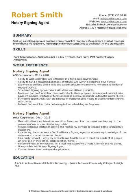 notary signing agent resume samples qwikresume