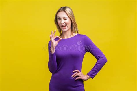 Everything Is Fine Portrait Of Playful Positive Woman Showing Ok