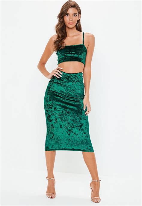 Missguided Green Crushed Velvet Cami Top Skirt Co Ord