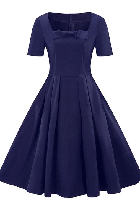 Hualong Elegant Dark Blue Short Sleeve Skater Plus Size Vintage Dresses