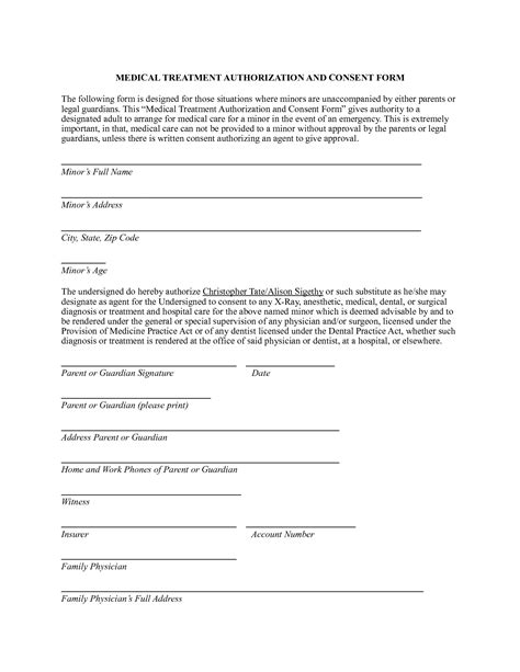 parent consent form  medical treatment  printable documents