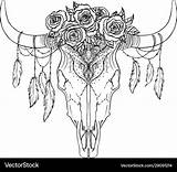 Skull Flowers Bull Feathers Hanging Rose Vector sketch template