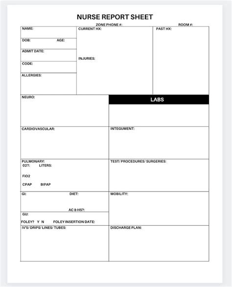 nurse report sheet printable nursing report sheet  etsy