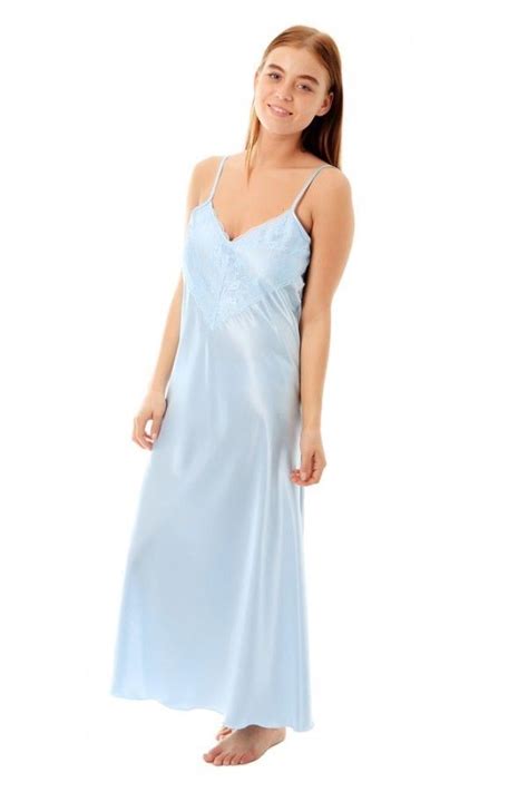 Womens Satin And Deep Lace Long Chemise Negligee Nightdress Nightie Size