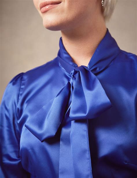 women s blue fitted luxury satin blouse pussy bow