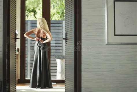 Beautiful Woman Girl Model Undressing In Bathroom On Sunset Stock