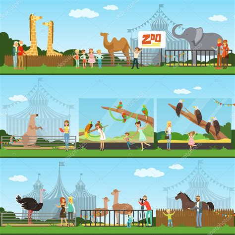 people visiting  zoo set  vector illustrations parents